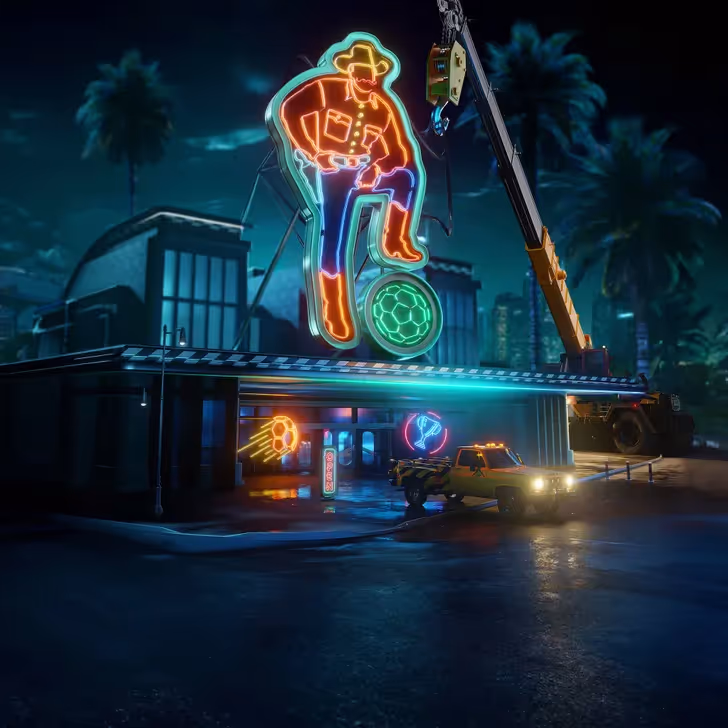 Wyns Casino glowing under neon lights, with a retro cowboy sign and a Route 66 vibe, symbolizing the spirit of adventure and winning.
