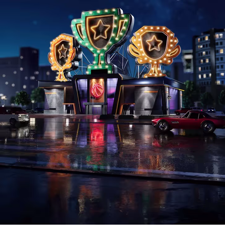 Wyns Casino entrance glowing with neon trophies and vibrant Route 66 vibes, symbolizing major wins and player rewards.
