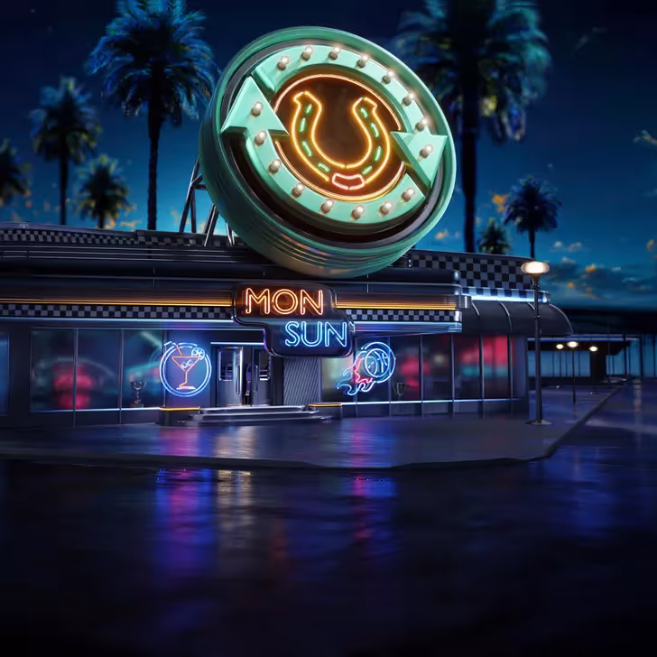 Wyns Casino diner-style bonus hub shining under neon lights, reflecting its weekly reload atmosphere and Las Vegas spirit.