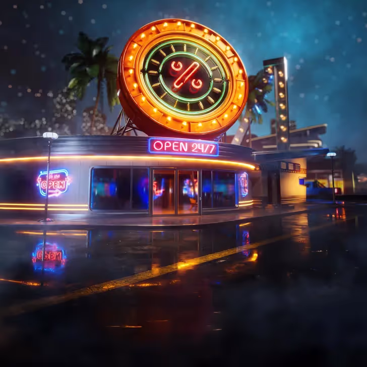 Wyns Casino exterior glowing at night with neon lights and “Open 24/7” sign.